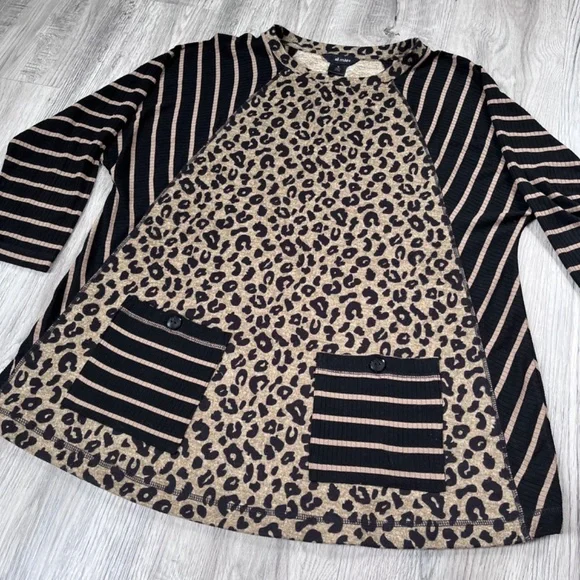 Ali Miles Tunic Shirt Womens M leopard Print Striped Ribbed Raglan Sleeve Pocket - Picture 2 of 9